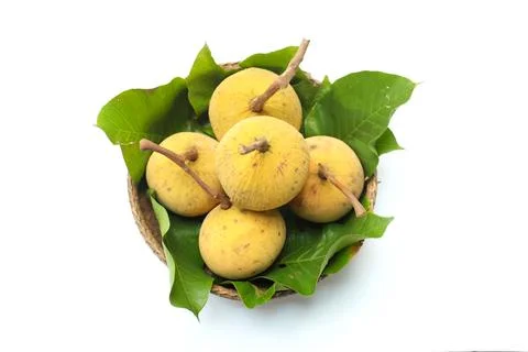 Copy space santol fruit in a Wicker basket isolate on white background Stock Photos