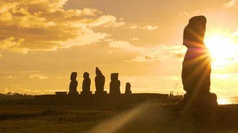 COPY SPACE: Scenic view of ancient moai sculptures on a sunny summer evening. Stock Footage 111336983