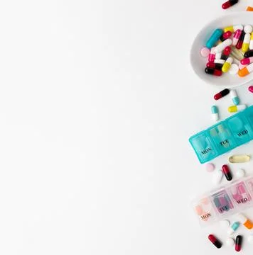 Copy space tablets with pills desk. High quality photo Stock Photos