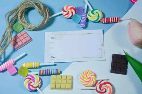 Copy space template with candy, chocolate and lollipop elements Stock Photos