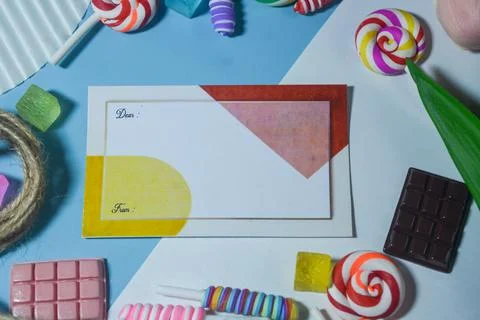 Copy space template with candy, chocolate and lollipop elements Stock Photos