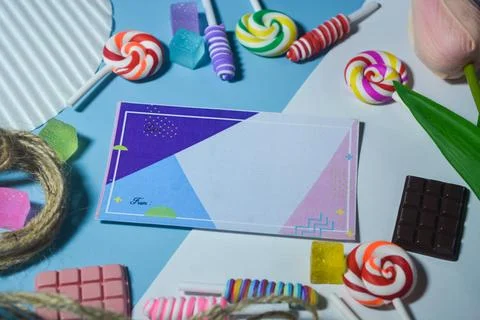 Copy space template with candy, chocolate and lollipop elements Stock Photos