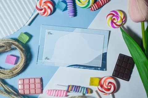 Copy space template with candy, chocolate and lollipop elements Stock Photos