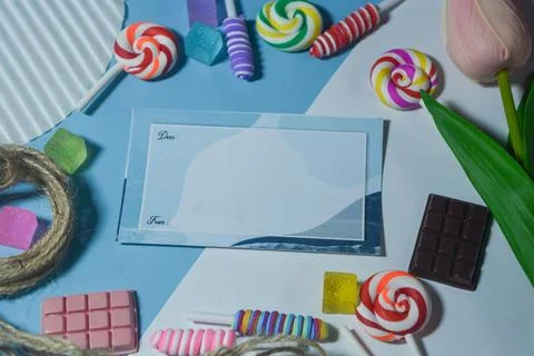 Copy space template with candy, chocolate and lollipop elements Stock Photos