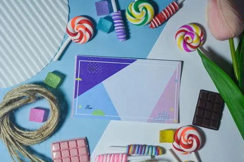 Copy space template with candy, chocolate and lollipop elements Stock Photos