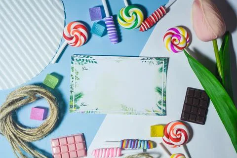 Copy space template with candy, chocolate and lollipop elements Stock Photos