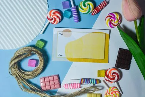 Copy space template with candy, chocolate and lollipop elements Stock Photos