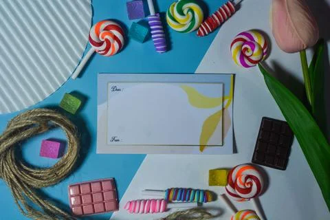 Copy space template with candy, chocolate and lollipop elements Stock Photos