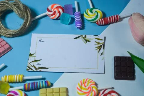 Copy space template with candy, chocolate and lollipop elements Stock Photos