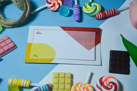 Copy space template with candy, chocolate and lollipop elements Stock Photos