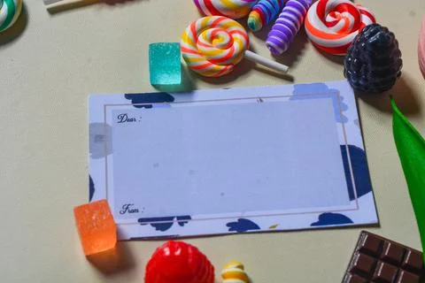 Copy space template with candy, chocolate and lollipop elements Stock Photos