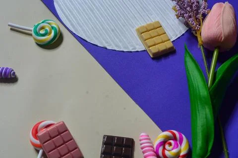 Copy space template with candy, chocolate and lollipop elements Stock Photos