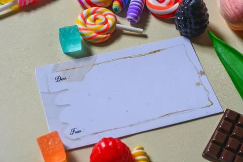 Copy space template with candy, chocolate and lollipop elements Stock Photos