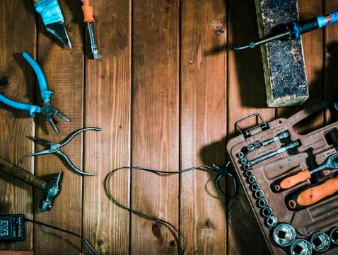 Copy space text of table overhead top down view with instruments and tools in Stock Photos