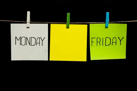 Copy space. Three stickers. Notes is written on extreme sheets. Monday. Friday Stock Photos
