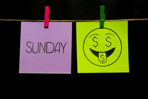 Copy space. Two multicolored stickers. On left a sheet inscription sunday. On Foto stock