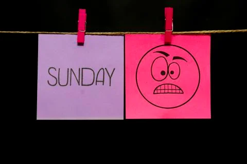 Copy space. Two multicolored stickers. On left a sheet inscription sunday. On Foto stock