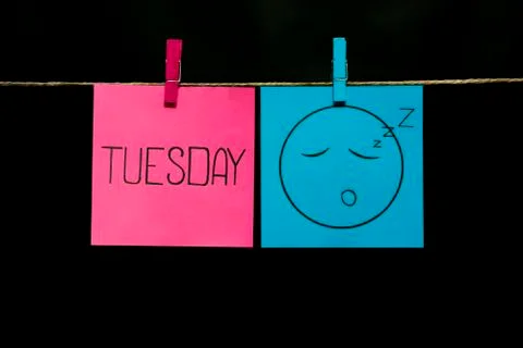 Copy space. Two stickers. On the left the inscription Tuesday. On the right on 스톡 사진
