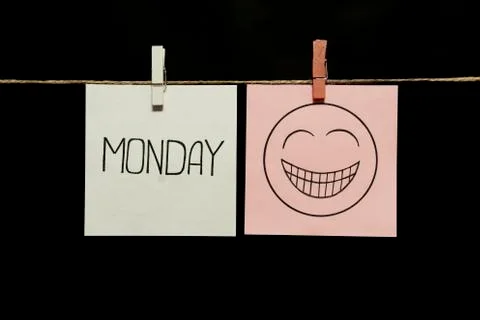Copy space. Two stickers. Left on a white sheet inscription monday. On right Stock Photos