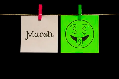 Copy space. Two stickers. On the left sheet inscription March. On the green Stock Photos