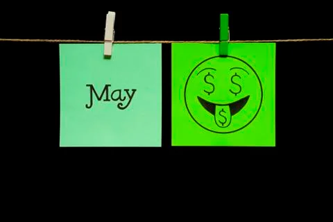 Copy space. Two stickers. On the left sheet inscription May. On the green right Stock Photos