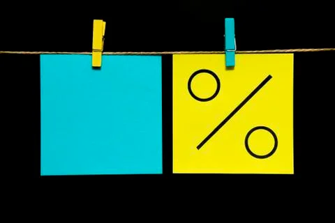 Copy space. Two stickers. On the left is a clean blue sheet. On the right yellow Foto stock