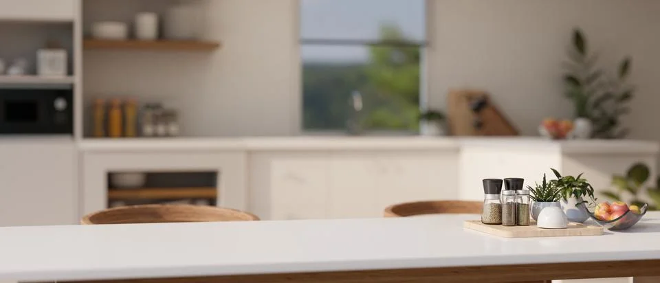 Copy space on a white dining table in a modern white kitchen with kitchen a.. Stock Illustration