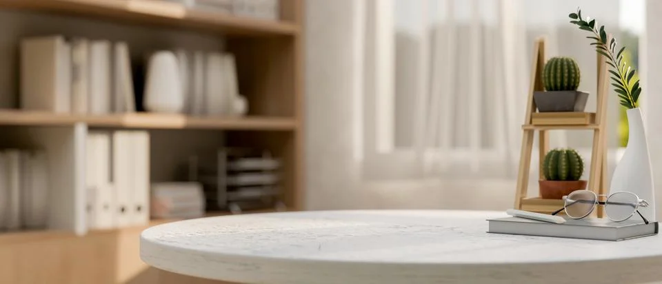 A copy space on a white round table in a contemporary room features a woode.. イラスト素材