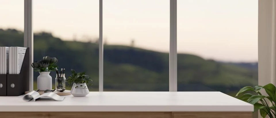 A copy space on a white tabletop against the window with a mountain view. H.. Stock Illustration