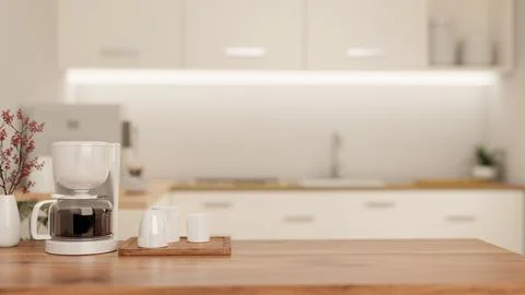 A copy space on a wooden kitchen tabletop with an espresso machine in a mod.. Stock Illustration