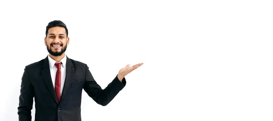 Copy-space for your presentation. Panoramic photo of positive elegant arabian or Stock Photos