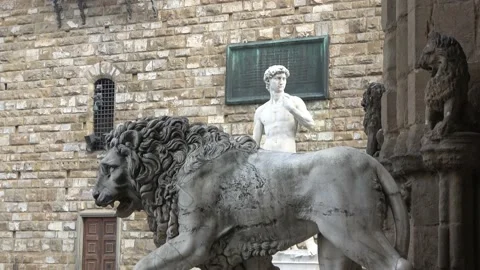 Copy of Statue Of David By Michelangelo In Piazza Della Signoria seen from .. Stock Footage 232798528