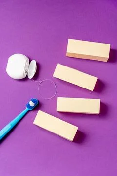 Copy text space background with dental floss and toothbrush healthy oral co.. Stock Photos