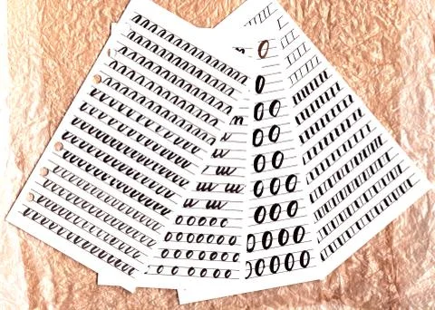 Copybook for calligraphy. Attempt at writing. Beginner exercises. Stock Illustration