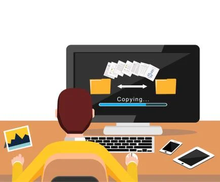Copying file process on desktop screen concept. Person working on computer. M Stock Illustration