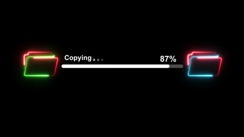 Copying file transfer with loading neon animation Isolated on black background Stock Footage 321648843