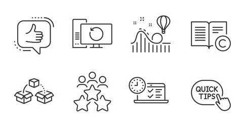 Copyright, Roller coaster and Parcel shipping icons set. Online test, Quick tips Stock Illustration