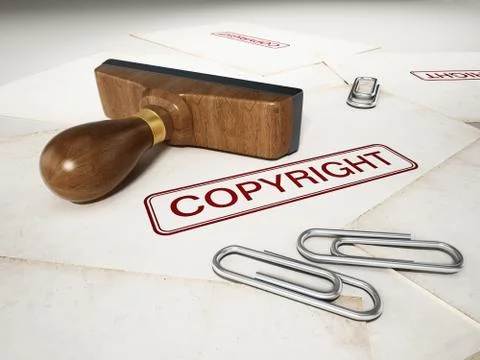 Copyright stamp standing on documents. 3D illustration Stock Illustration
