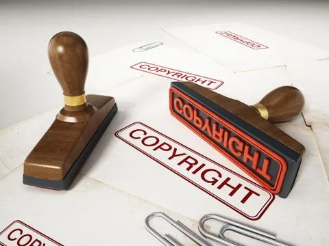 Copyright stamp standing on documents. 3D illustration Stock Illustration