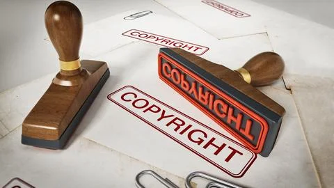 Copyright stamp standing on documents. 3D illustration Stock Illustration