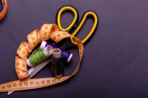 Copyspace frame with sewing tools and accesories. Tools for sewing and handma Stock Photos