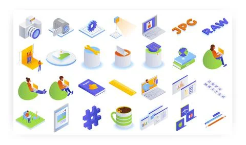 Copywriter isometric icon set, vector isolated illustration. Blogging, content Illustrazione stock