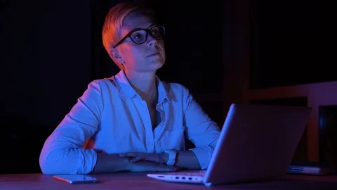 Copywriter looking for good idea. Journalist write article late night in office Stock Footage 121555501