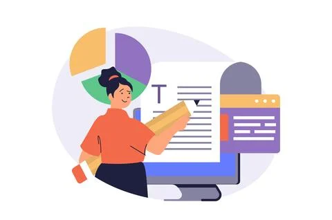 Copywriter web concept with flat cartoon people for website design. Stock Illustration