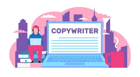 Copywriter working with laptop writing articles for blog. Huge computer and tiny Stock Illustration