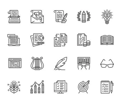 Copywriting flat line icons set. Writer typing text, social media content, e Stock Illustration