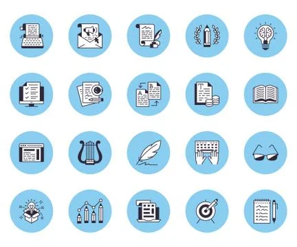 Copywriting flat line icons set. Writer typing text, social media content, e Illustrazione stock
