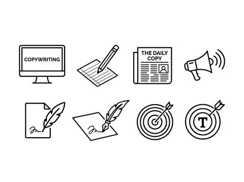 Copywriting icons set: computer screen with text, writing with pencil, news.. Stock Illustration