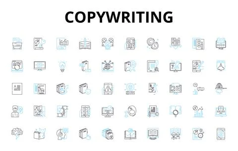 Copywriting linear icons set. Wordsmithing, Messaging, Persuasion, Branding Stock Illustration