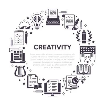 Copywriting vector circle banner with flat icons. Writer typing text, social Stock-Illustration